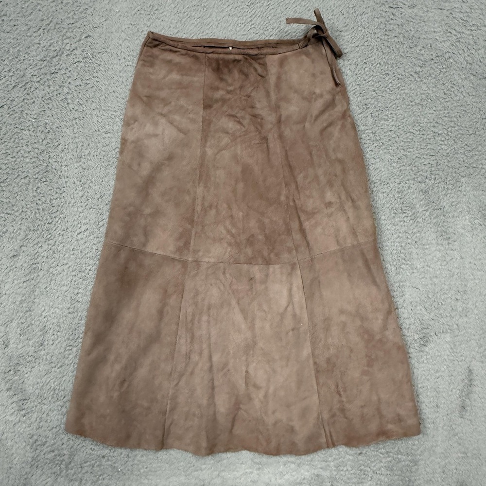 Tala Skirt Womens 38 Brown Suede Leather A-Line Midi Back Zip Paneled Tie Waist